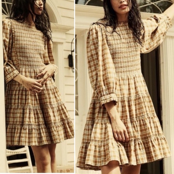 DOEN Medina Smocked Plaid Tiered Puff Sleeve Cottagecore Mini Dress - Picture 2 of 12